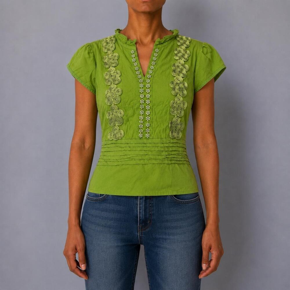 Vintage Y2K Lime Green Embellished Pintuck Blouse Whimsical Boho Fairy Size M